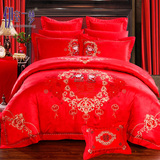 喜庆贡缎提花婚庆大红床上用品床单床盖四六八十件套刺绣花喜被套