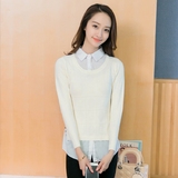 杰儿家2016秋季新款韩版修身显瘦假两件长袖衬衣女学生针织打底衫