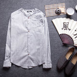 原创秋季新款中国风男装 圆领中式棉麻长袖衬衫 文艺复古亚麻衬衣