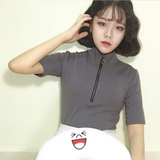 2016夏季新款修身显瘦纯色拉链高领韩版短袖t恤女学生百搭打底衫