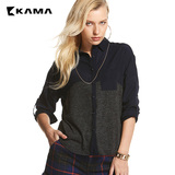 卡玛KAMA 冬季女装 时尚百搭拼接蝙蝠袖长袖宽松休闲衬衫 7414858