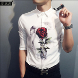 夏季个性花衬衫男五分袖青年潮流韩版修身寸衫印花夜店中袖衬衣