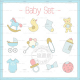 粉蓝婴儿宝宝用品图案百日宴生日设计素材木马鸭子奶瓶衣服矢量图
