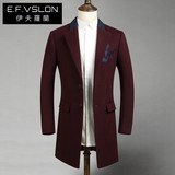 EF男装 冬装新款英伦刺绣韩版修身羊毛呢子大衣 中长款风衣外套红