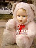 欧美vintage古董老货瓷脸玻璃眼娃娃粉色超厚毛绒泰迪熊装扮玩偶