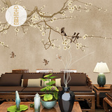 中式无缝手绘花鸟大型壁画客厅沙发电视机背景墙壁纸无纺布墙纸