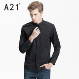 A21男装修身长袖衬衫 时尚休闲潮流黑色衬衣男  青年纯色寸衣