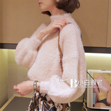 2016新款春装针织衫 韩国代购小高领灯笼袖粉色马海毛套头毛衣女
