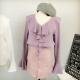 韩国订单2016新款春款荷叶领喇叭袖粉紫色棉麻长袖衬衣女百搭款