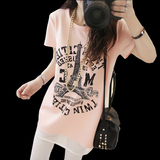 夏装中长款短袖T恤女装韩国学生铁塔印花打底衫大码修身上衣服潮