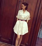韩版正品高品质白色衬衫连衣裙女收腰显瘦系腰带连衣裙中长款夏新