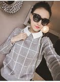 2016韩版新款针织娃娃领打底衫女修身短款长袖格子套头毛衣外套潮
