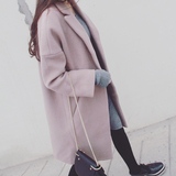 韩版春秋季毛呢外套女装藕粉色时尚韩范尼子纯色气质长款呢子大衣