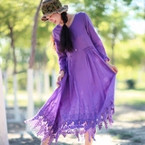 [转卖]在阳光下开花森系纯棉刺绣紫色连衣裙女士春夏甜美V领长