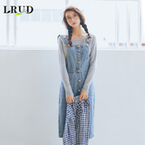 LRUD2015秋季新款韩版复古单排扣牛仔背带裙女中长款宽松吊带裙