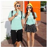 情侣装夏装韩国新款男女短袖T恤衫薄荷绿字母上衣海边沙滩度假潮