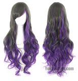 cosplay假发 灰黑+紫色非主流假发 女士长卷假发 斜分逼真假发