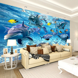 3D立体海底世界海豚大型定制壁画儿童房卧室背景墙纸地中海壁纸