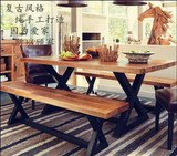 美式复古实木餐桌椅组合铁艺做旧办公桌会议桌小户型书桌咖啡桌椅