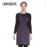 凯撒女装 秋季新款韩版蕾丝拼接/修身显瘦中腰长袖紫色连衣裙