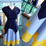 韩国代购女装2016夏装V领连衣裙收腰显瘦拼接半身裙套装裙两件套
