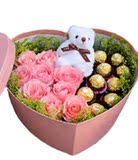 杭州市鲜花同城速递滨江区送粉玫瑰花盒礼盒费列罗巧克力女友生日