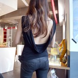 韩国代购2016女装夏街头性感大露背垂坠领莫代尔无袖T恤上衣夜店