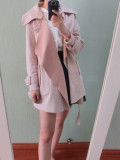 韩版2016春秋裸粉色麂皮绒空气层翻领中长款长袖系带风衣外套女士