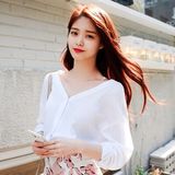 淡水微香韩国正品女装代购2016夏款美美的你前后双V领长袖衬衫