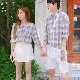 2016新款夏装韩版情侣装休闲格子长袖衬衫夏季男女装宽松衬衣