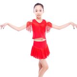 女童舞蹈服女孩拉丁舞套装舞服流苏露肩练习香花红演出服新款上衣