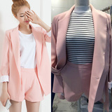 韩国纯色雪纺九分袖西装套装女春季新款2016 时尚短裤两件套女装
