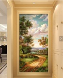 3D无缝大型壁画壁纸客厅卧室背景欧式乡间小路风景画油画走廊玄关