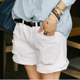 2016夏装新款韩版加大码女式白色磨破洞宽松三分裤水洗潮牛仔短裤