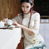 春秋季女装新款改良中式民国风复古学生棉麻手绘七分袖旗袍连衣裙