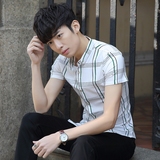 2016夏季青年男装 男士短袖衬衫韩版型男潮流修身印花薄款弹力棉