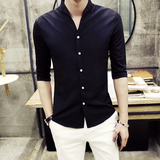 夏季男士短袖衬衫韩版修身款立领纯色五分袖衬衣薄款发型师寸衫潮