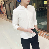 夏季韩版男士七分袖衬衫修身立领中袖衬衣日系简约白色寸衣男装潮