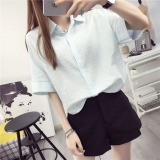 韩版衬衫女中袖夏季学生短款衬衣宽松显瘦五分袖打底衫纯色外套潮