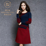 GU+2015春秋季新款套装羊绒衫女套头圆领修身拼色毛衣女保暖外套