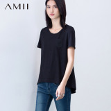 清仓#Amii[极简主义]2016夏新品圆领口袋短袖拼接宽松大码T恤