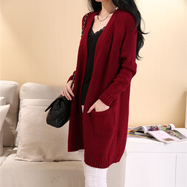 2014秋冬新款女装韩版中长款宽松厚毛衣外套女开衫口袋针织衫