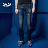 G＆G 夏季男士薄款破洞直筒牛仔裤男修身型小脚弹性nzk韩版青少年