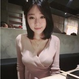 韩国代购秋冬季女装深V领连衣裙性感长袖包臀修身打底针织毛衣裙