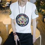 中国风刺绣唐装夏季男士亚麻短袖t恤民族风半袖棉麻大码体恤衫潮