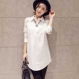 韩国代购白色打底衫秋季新款时尚百搭宽松蕾丝拼接中长款长袖衬衣