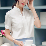 蕾可妮斯2016新款春夏装短袖韩版立领雪纺衬衣女上衣简约女士衬衫