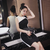 2016夏季新款女装韩版中长款黑白拼接连衣裙气质时尚通勤打底裙潮