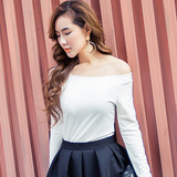 2016春装新款韩版长袖T恤修身圆领针织衫女性感露肩一字领打底衫
