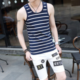 夏季纯棉紧身条纹背心男青年学生修身型休闲运动一整套上衣+短裤